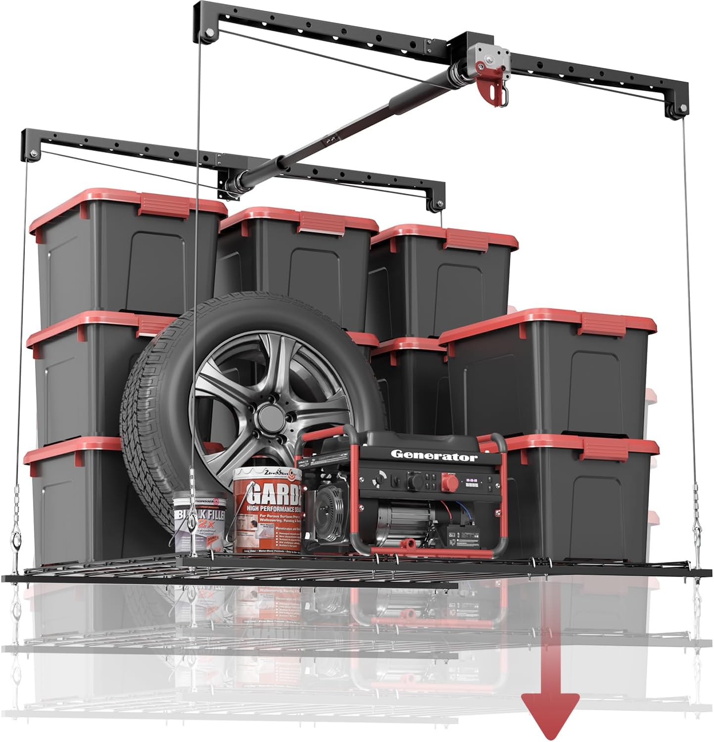 Overhead Garage Storage Rack for 8-10 FT Ceiling, 4x4 FT Ceiling Storage Racks with Safety Lock, Ideal for Garage Storage Mounted Lift System and Storage Organizer, 250lbs Capacity