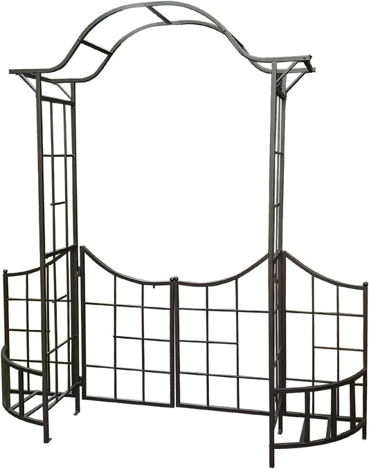 leisurelife Decorative Steel Garden Arch Arbor Trellis with Gate, Fence and Planter Holders for Climbing Plants, 7.5 Ft Height, Brownish Bronze