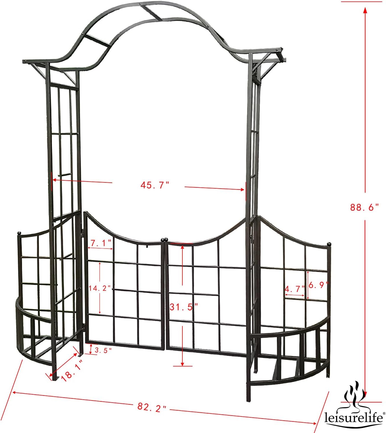 leisurelife Decorative Steel Garden Arch Arbor Trellis with Gate, Fence and Planter Holders for Climbing Plants, 7.5 Ft Height, Brownish Bronze