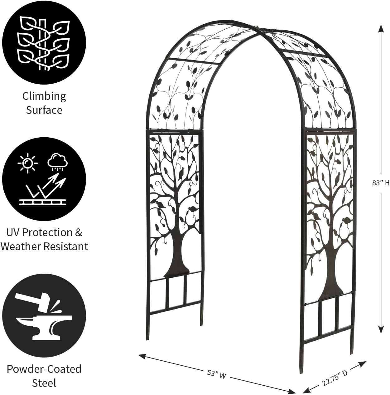 Plow & Hearth Arch Metal Outdoor Garden Arbor | Tree of Life | 83 Inches Tall | Black | Trellis Lattice for Plants | Wedding | Outdoor Patio Décor