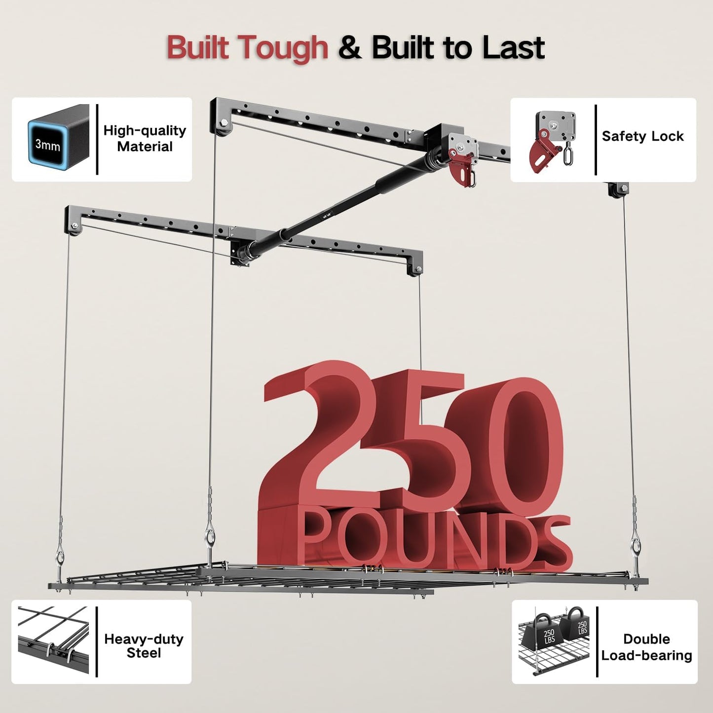 Overhead Garage Storage Rack for 8-10 FT Ceiling, 4x4 FT Ceiling Storage Racks with Safety Lock, Ideal for Garage Storage Mounted Lift System and Storage Organizer, 250lbs Capacity