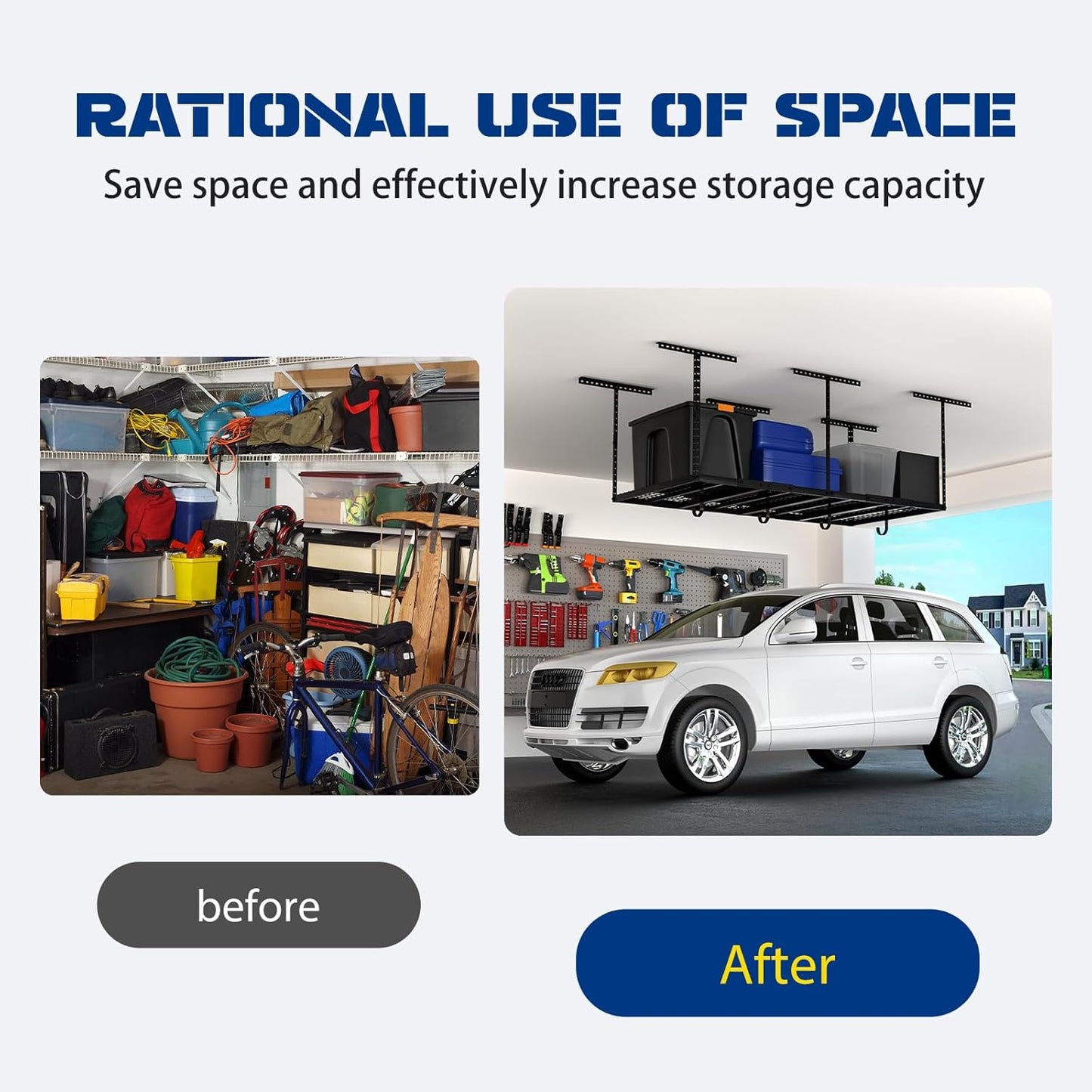 4x8 Overhead Garage Storage Rack with 4 Extra Hooks – Adjustable Heavy-Duty Garage Ceiling Storage Racks (22"-40"), Holds 600 lbs, 22 lbs per Hook, Steel Hanging Organizer for Tools, Bins & Bikes