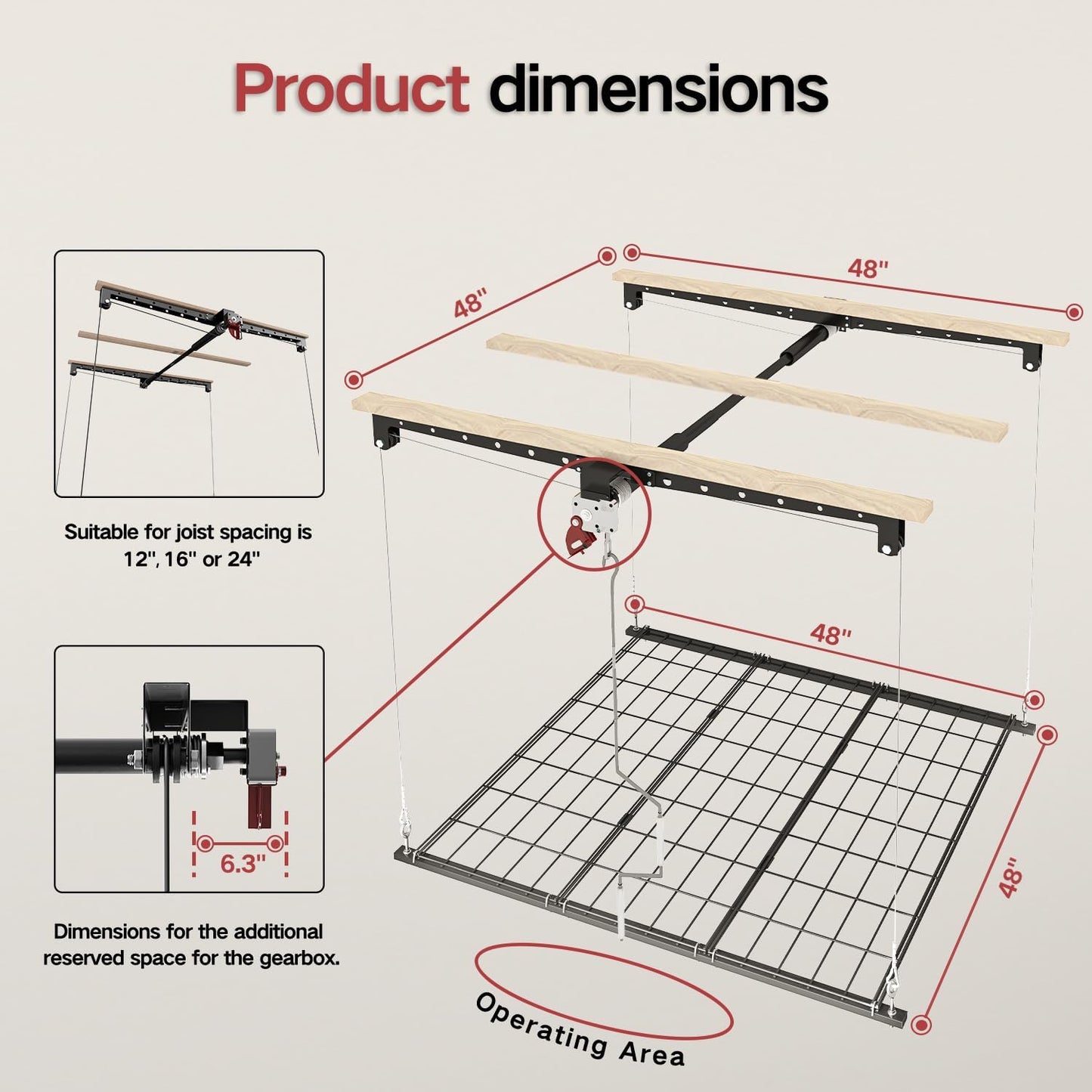 Overhead Garage Storage Rack for 8-10 FT Ceiling, 4x4 FT Ceiling Storage Racks with Safety Lock, Ideal for Garage Storage Mounted Lift System and Storage Organizer, 250lbs Capacity