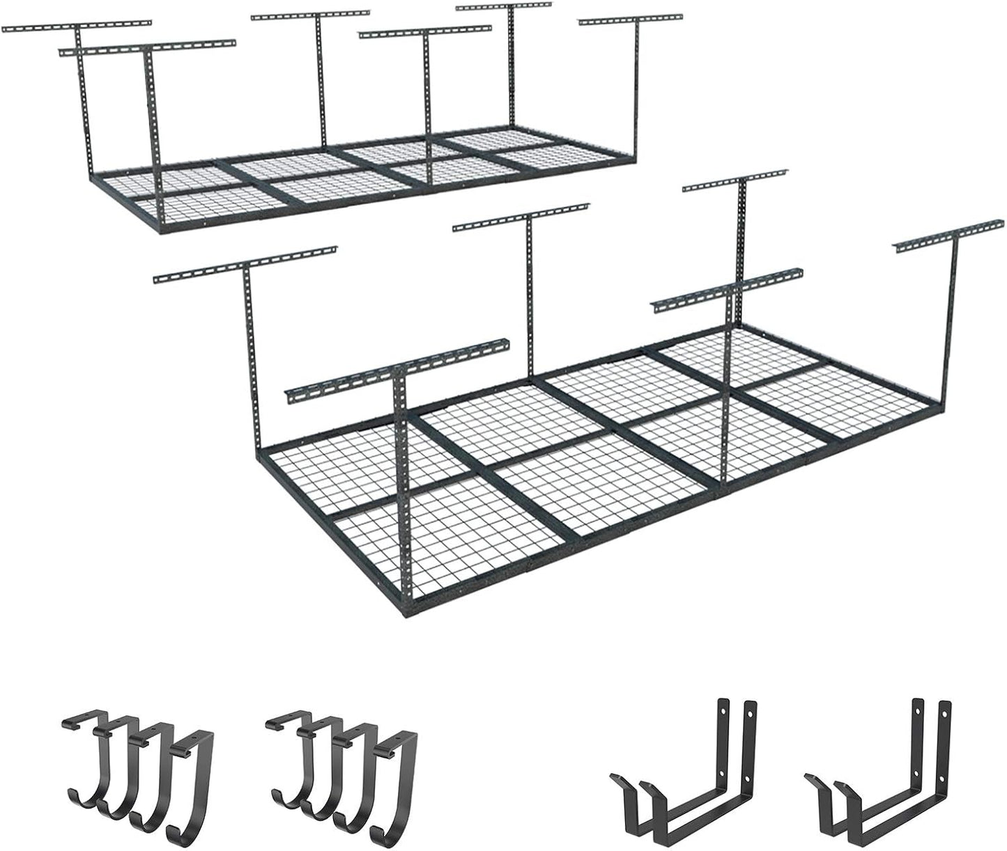 FLEXIMOUNTS 4x8 Overhead Metal Garage Storage Rack w/Hooks Adjustable Ceiling Storage Rack, 96" Length x 48" Width x 40" Height, 22''-40" Ceiling Dropdown, Black