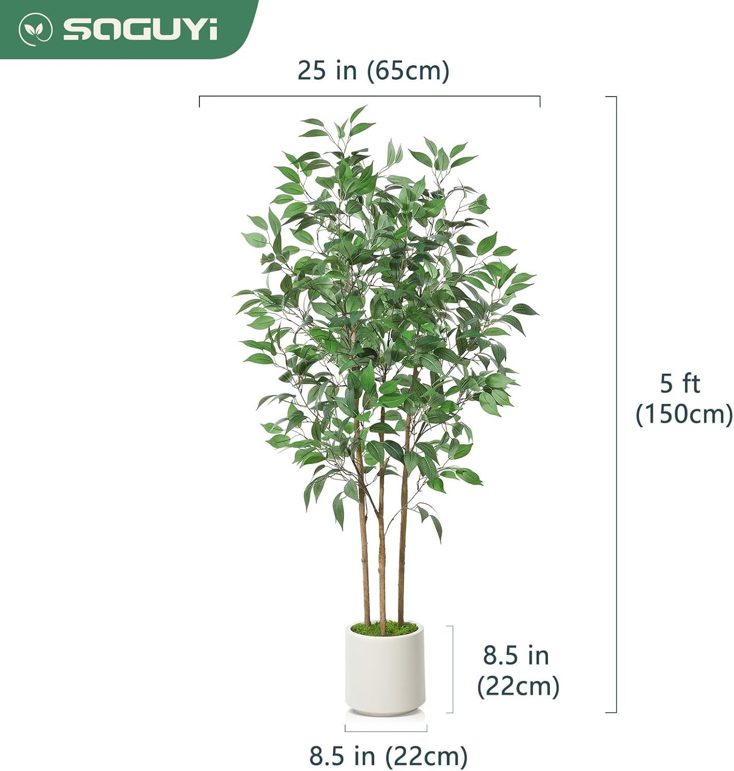 Ficus Artificial Tree 5ft Tall Fake Ficus Tree for Home Decor Indoor Faux Silk Ficus Plant Fake Floor Plant in White Imitation Ceramic Planter with Green Fake Moss, Set of 1