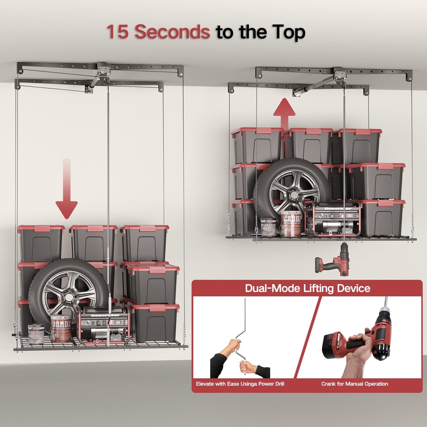 Overhead Garage Storage Rack for 8-10 FT Ceiling, 4x4 FT Ceiling Storage Racks with Safety Lock, Ideal for Garage Storage Mounted Lift System and Storage Organizer, 250lbs Capacity