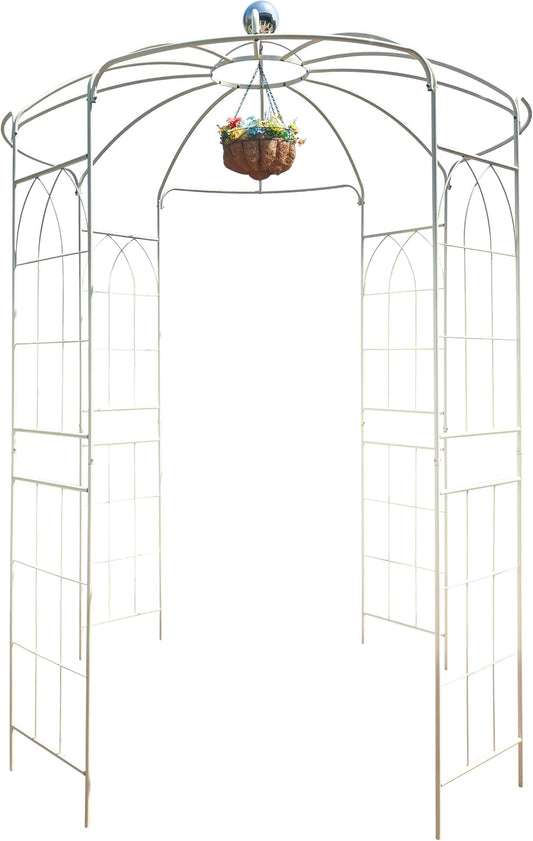 Metal Garden Arch Iron Garden Arbors Gazebo Dia 81.3'' x 114.2'' High Birdcage Shape Pergola Pavilion for Wedding Ceremony Cream White