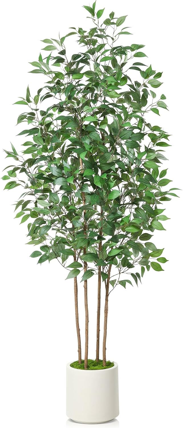 Ficus Artificial Tree 5ft Tall Fake Ficus Tree for Home Decor Indoor Faux Silk Ficus Plant Fake Floor Plant in White Imitation Ceramic Planter with Green Fake Moss, Set of 1