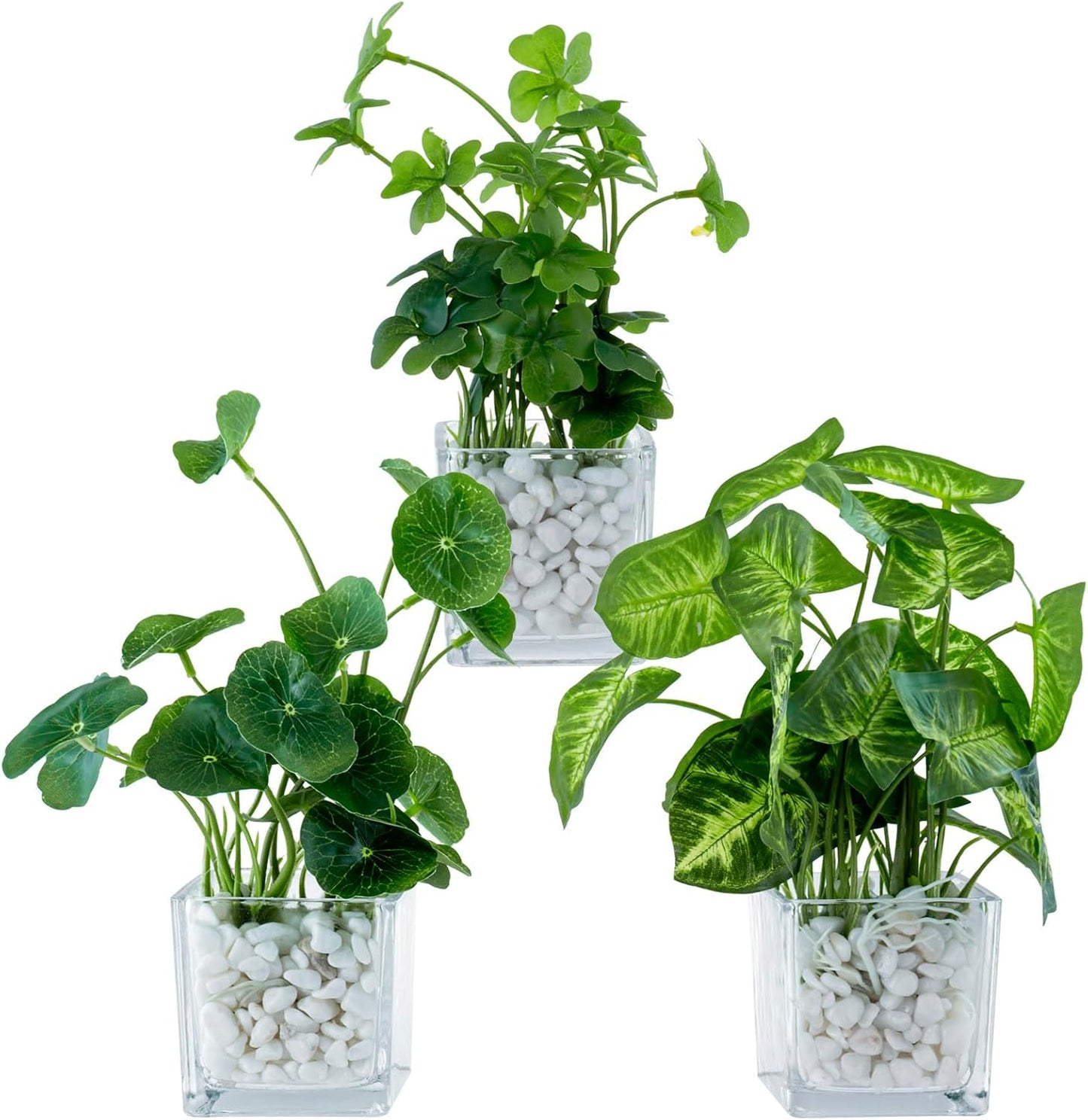 MyGift Set of 3 Fake Plants, Small Artificial Potted Plants Indoor in Clear Glass Pot, 9.5 Inch Faux Plant for Home Decor