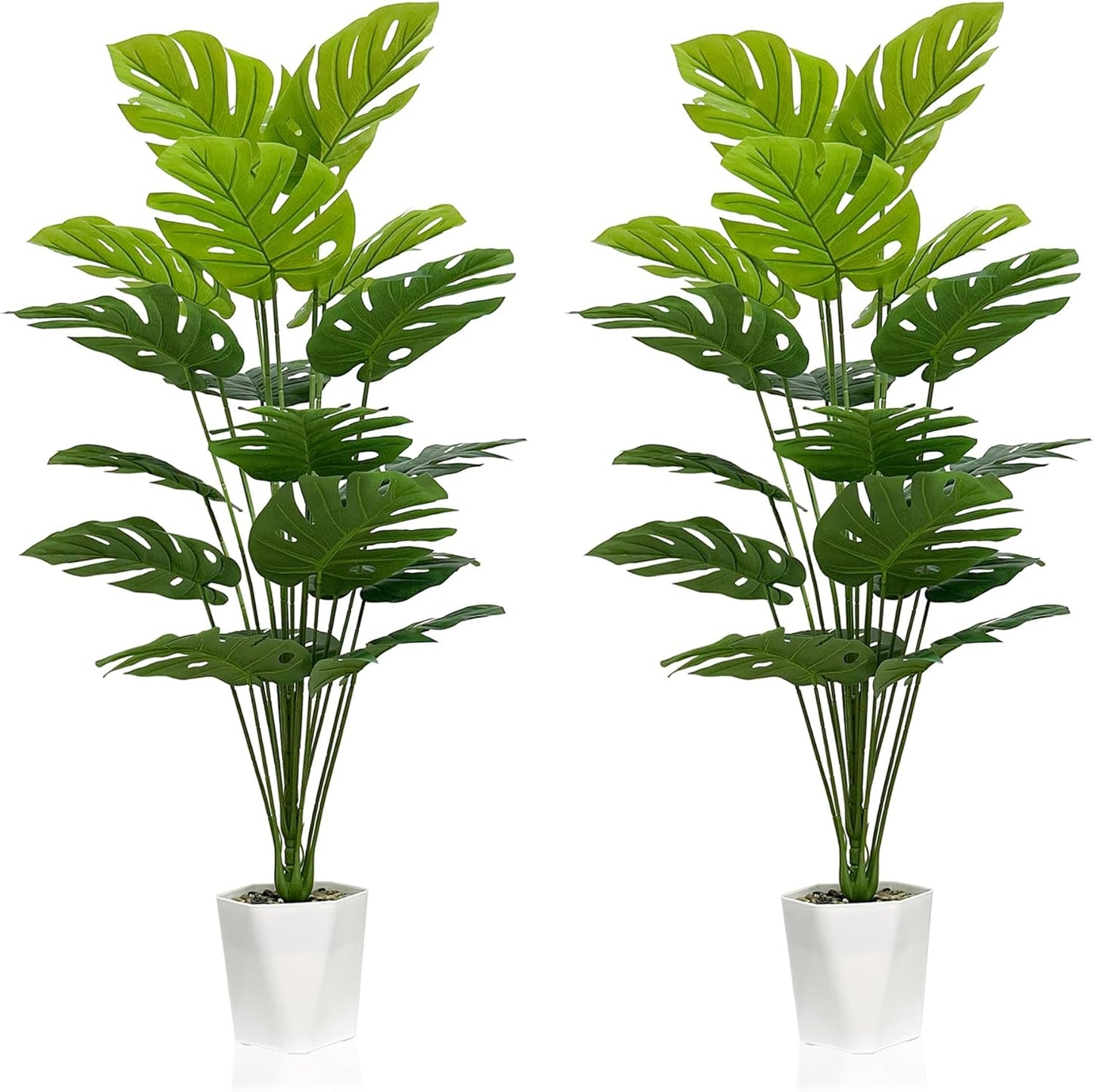 SAJANDAS Set of 2 Artificial Monstera Deliciosa Plants in Pots, Fake Tropical Palm Tree with Greenery Leaves Stems, 28 Inch Artificial Cheese Plant for Home Bathroom, Office, Windowsill Decor