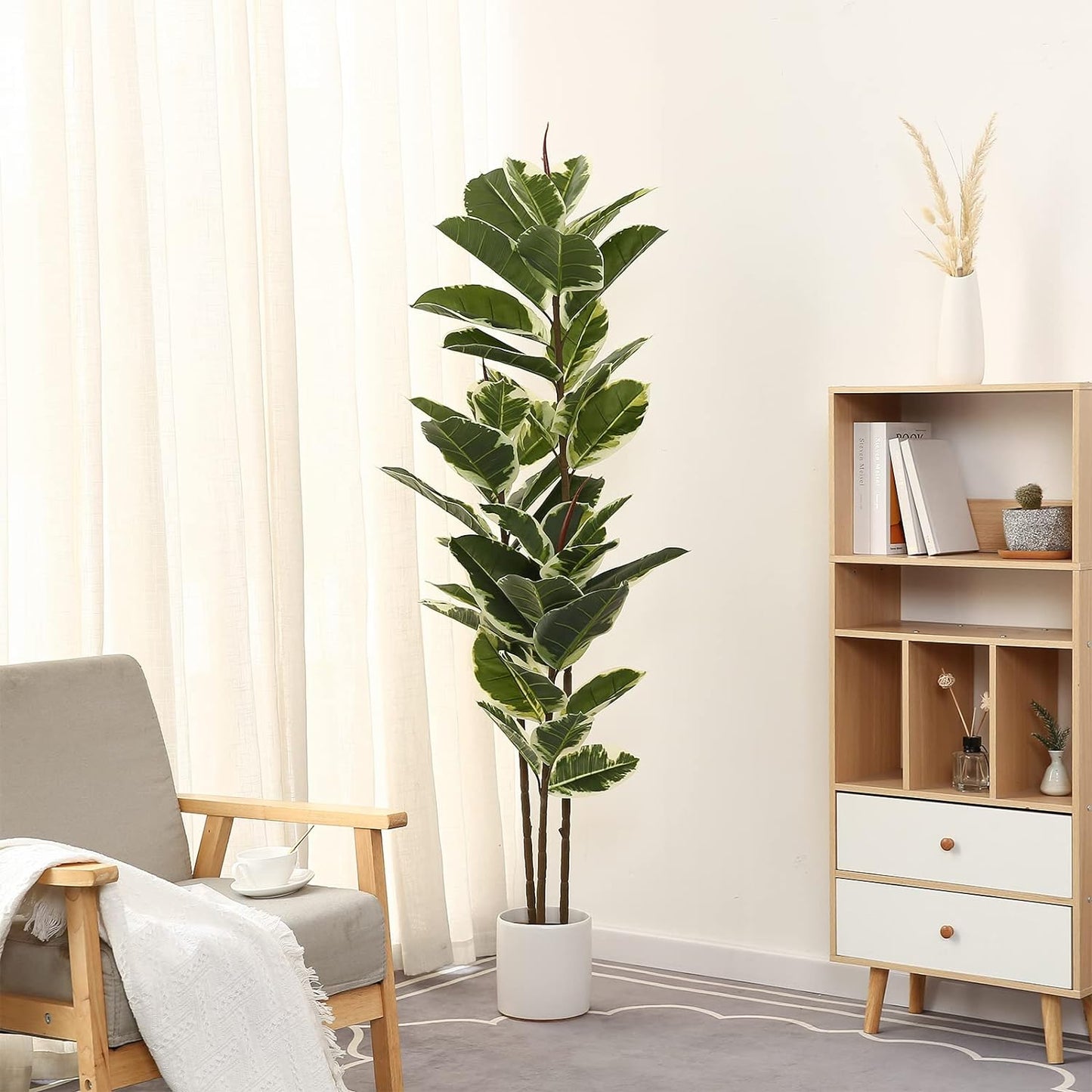 Artificial Rubber Tree Plant 6ft Tall Faux Ficus Tree Potted Fake Tropical Plants Decorative House Plants Large Floor Artificial Trees for Home Office Decor, Without The Pot