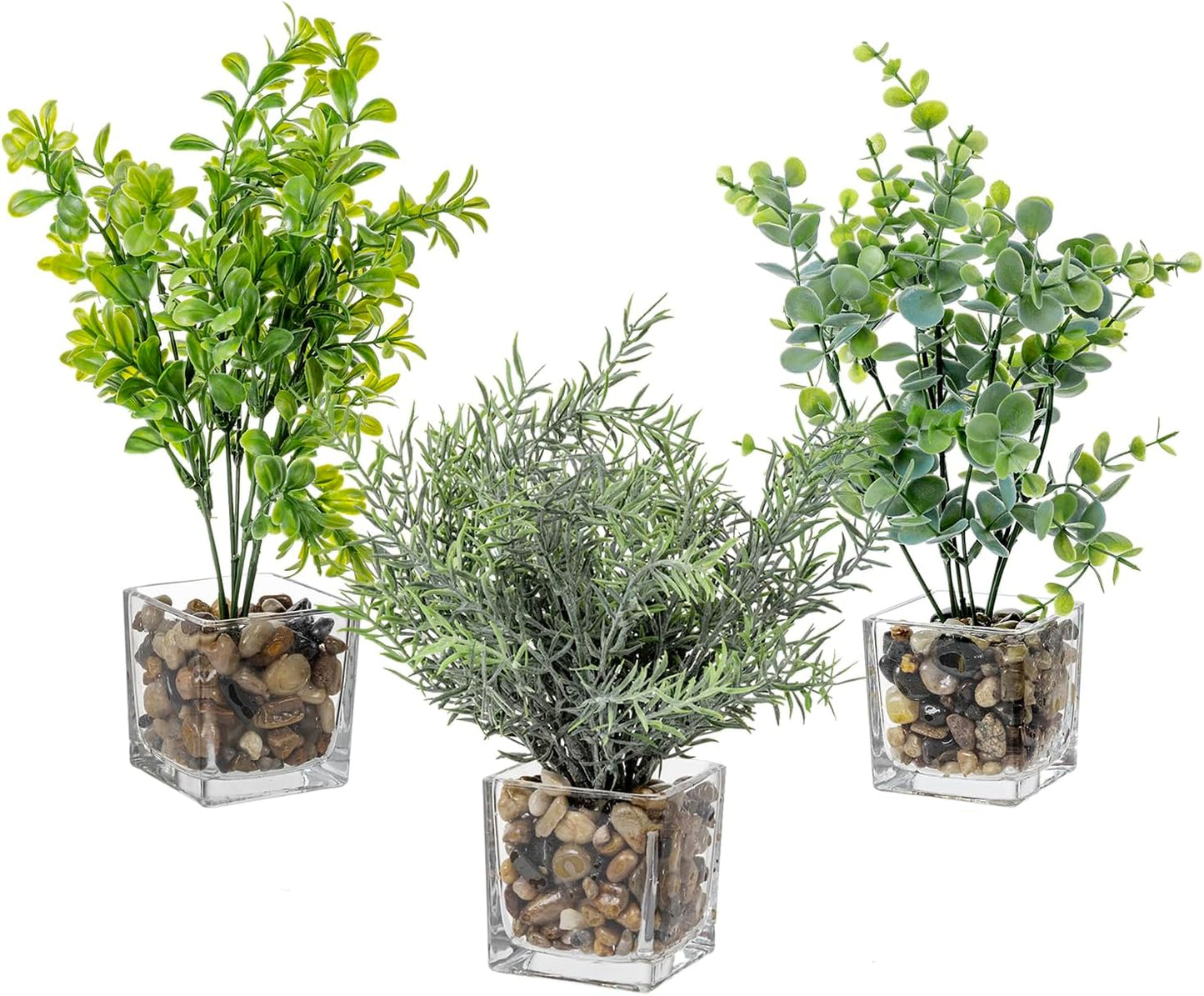 MyGift Set of 3 Fake Plants, Small Artificial Potted Plants Indoor in Clear Glass Pot, 9.5 Inch Faux Plant for Home Decor