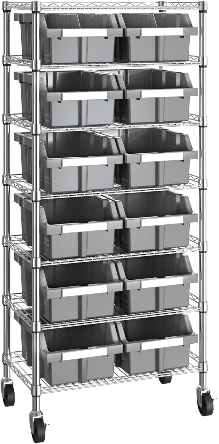 Seville Classics Heavy Duty NSF Bin Rack Solid Steel Wire Shelving Storage Unit, Patented Organizer for Garage, Warehouse, Office, Restaurant, Classroom, Kitchen, Gray, Includes 21 Bins