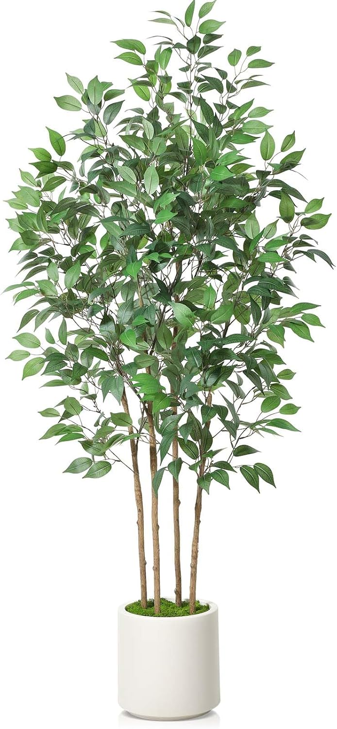 Ficus Artificial Tree 5ft Tall Fake Ficus Tree for Home Decor Indoor Faux Silk Ficus Plant Fake Floor Plant in White Imitation Ceramic Planter with Green Fake Moss, Set of 1