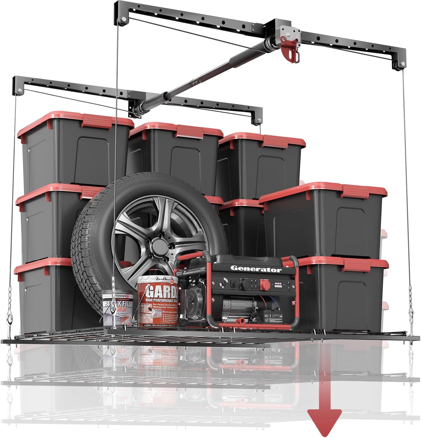 Overhead Garage Storage Rack for 8-10 FT Ceiling, 4x4 FT Ceiling Storage Racks with Safety Lock, Ideal for Garage Storage Mounted Lift System and Storage Organizer, 250lbs Capacity