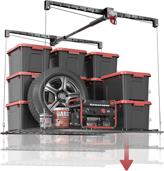 Overhead Garage Storage Rack for 8-10 FT Ceiling, 4x4 FT Ceiling Storage Racks with Safety Lock, Ideal for Garage Storage Mounted Lift System and Storage Organizer, 250lbs Capacity