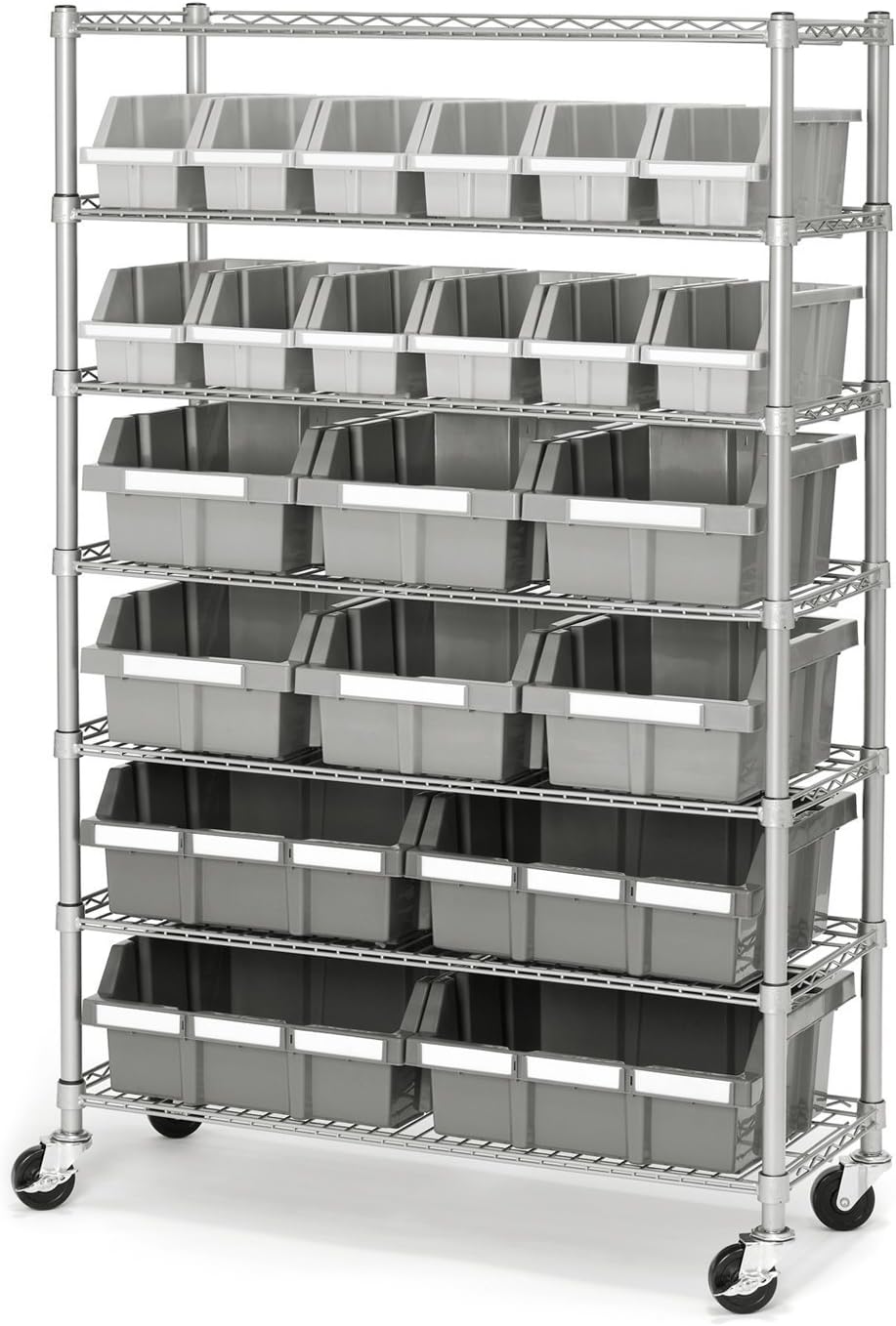 Seville Classics Heavy Duty NSF Bin Rack Solid Steel Wire Shelving Storage Unit, Patented Organizer for Garage, Warehouse, Office, Restaurant, Classroom, Kitchen, Gray, Includes 21 Bins