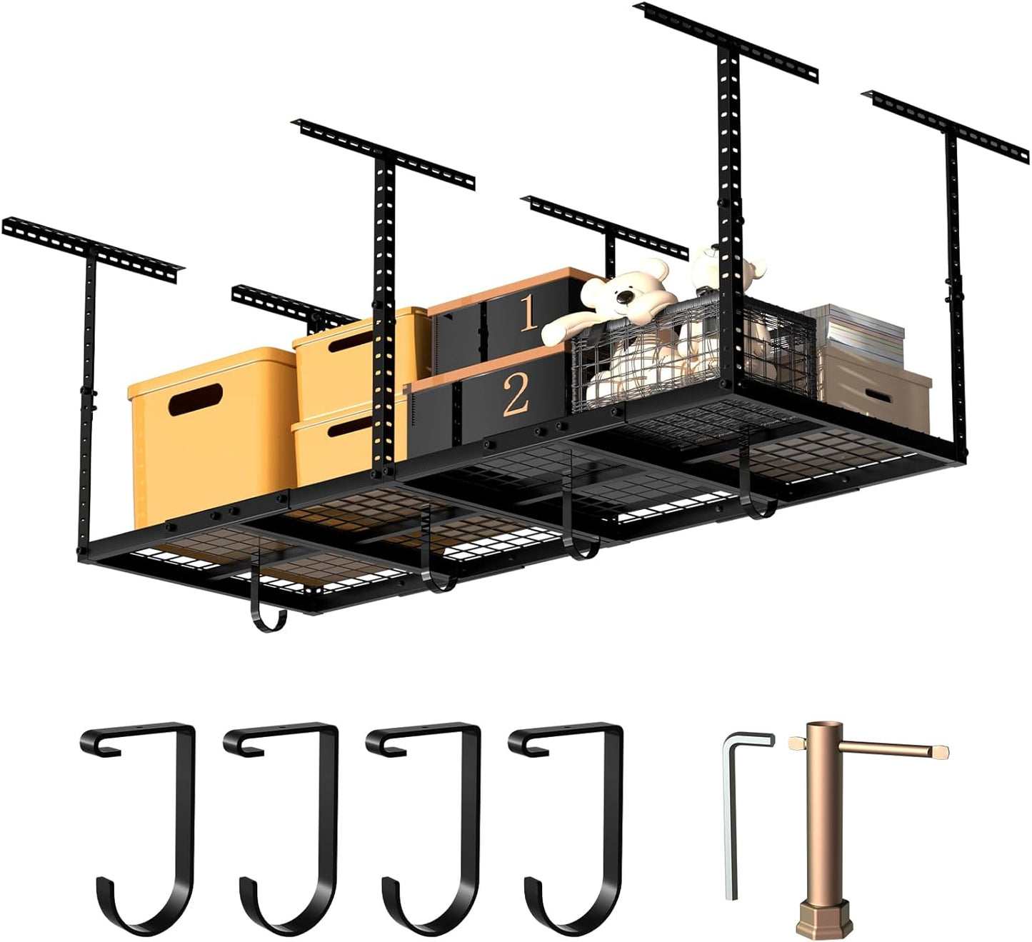 4x8 Overhead Garage Storage Rack with 4 Extra Hooks – Adjustable Heavy-Duty Garage Ceiling Storage Racks (22"-40"), Holds 600 lbs, 22 lbs per Hook, Steel Hanging Organizer for Tools, Bins & Bikes