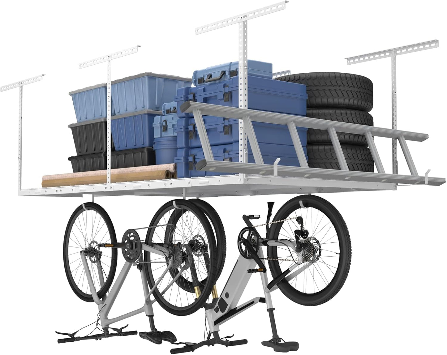 FLEXIMOUNTS 4x8 Overhead Metal Garage Storage Rack w/Hooks Adjustable Ceiling Storage Rack, 96" Length x 48" Width x 40" Height, 22''-40" Ceiling Dropdown, Black