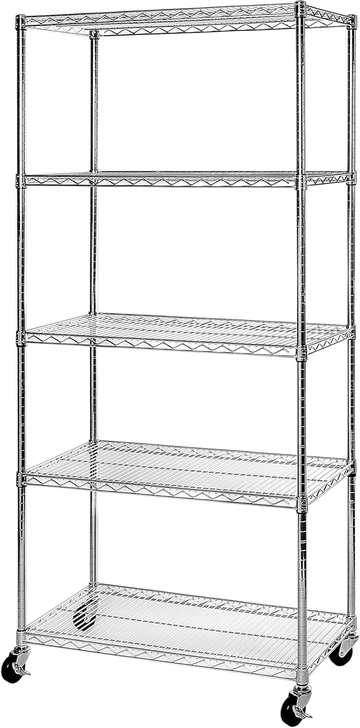 Seville Classics UltraDurable Heavy Duty NSF Solid Steel Wire Rack Storage Unit Organizer for Garage, Warehouse, Office, Restaurant, Classroom, Kitchen, 5-Tier Shelving, 48" W x 18" D