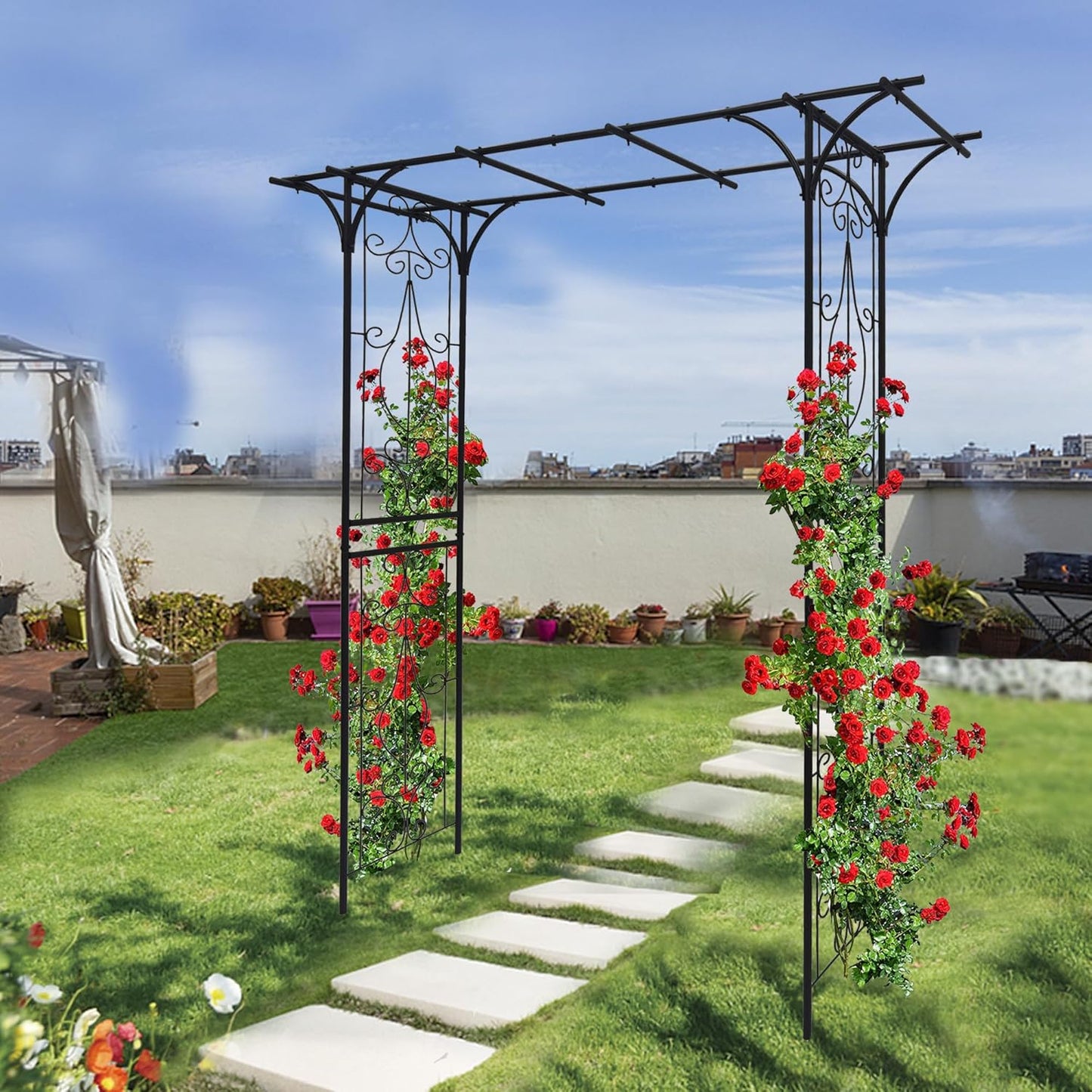 Dolonm Metal Garden Arch Iron Garden Arbors Gazebo Dia81.3'' x 114.2'' High Birdcage Shape Pergola Pavilion for Wedding Ceremony Outdoor Black