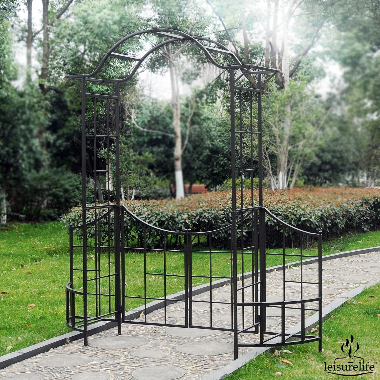 leisurelife Decorative Steel Garden Arch Arbor Trellis with Gate, Fence and Planter Holders for Climbing Plants, 7.5 Ft Height, Brownish Bronze