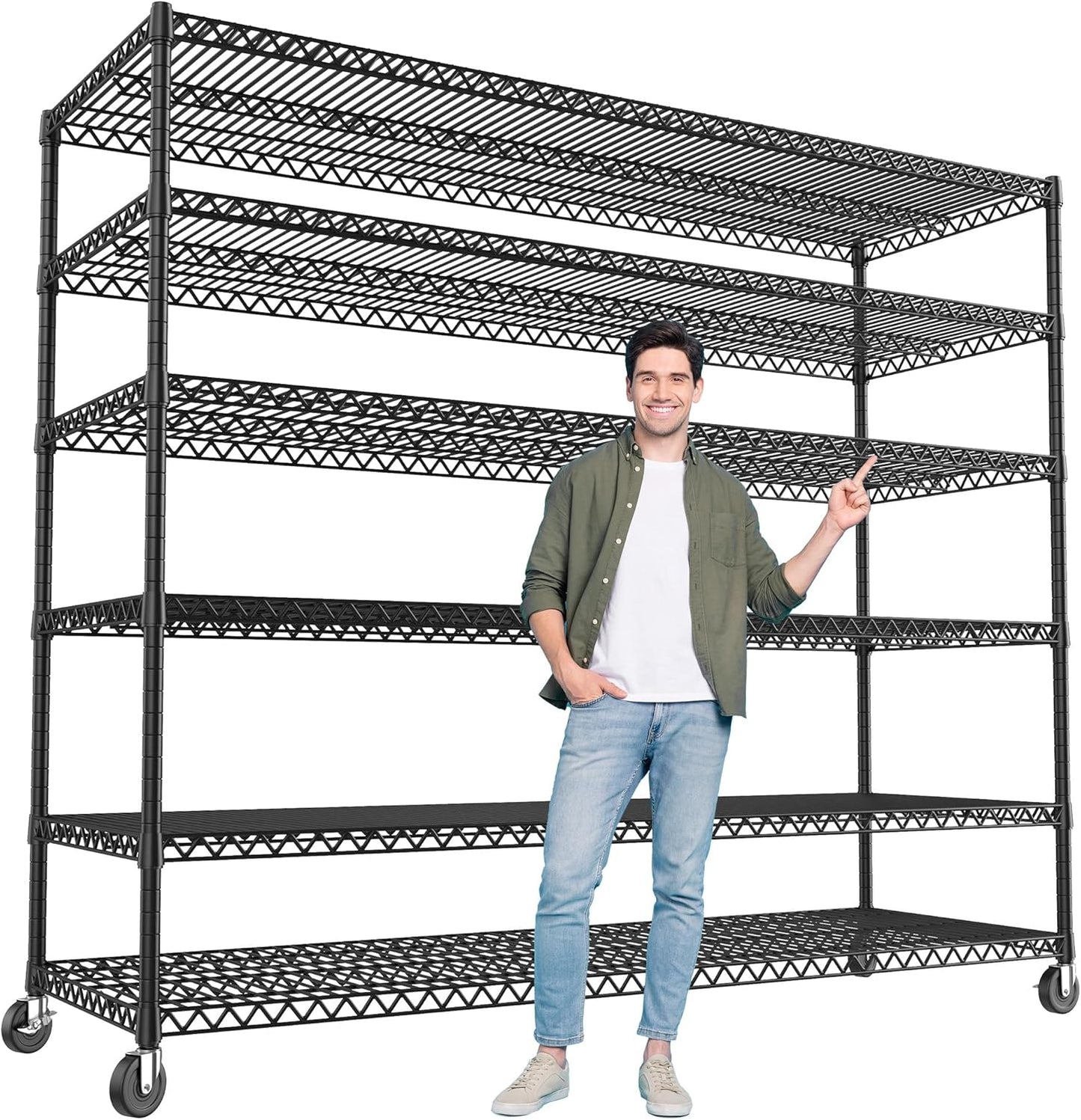 REIBII 85.7"H Storage Shelves 2998LBS Metal Shelving Units with Wheels&Feet, 5 Tier Garage Shelving Heavy Duty Adjustable Wire Shelf for Pantry Garage Commercial Industrials, 85.7"H X 55.5"W X 24.2"D