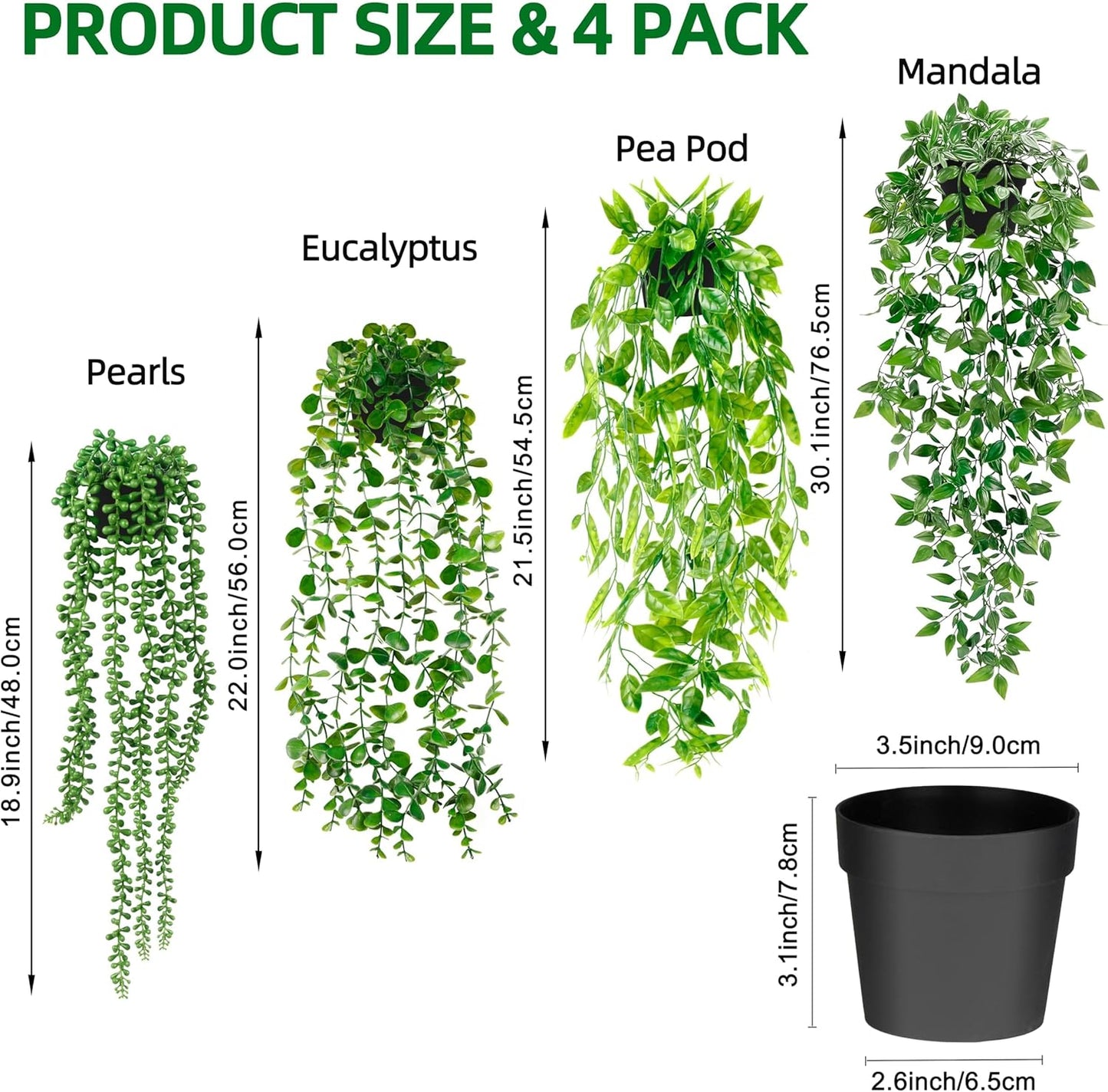 Artificial Hanging Plants for Shelf, 4 Pack Fake Potted Greenery Faux Eucalyptus Vine, Mandala Vine, String of Pearls,Pea pod Leaves in Pot for Office Living Room Bathroom Indoor Outdoor Décor