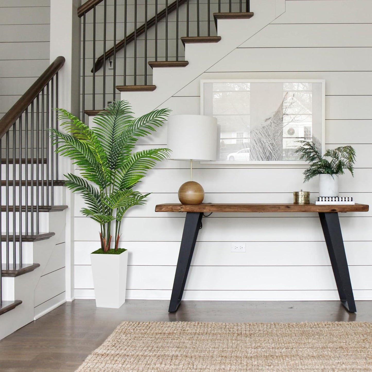 Artificial Palm Tree 5FT - Fake Tree with White Tall Planter - Faux Tropical Areca Floor Plant in Pot - Artificial Silk Plant for Home Office Living Room Decor Indoor