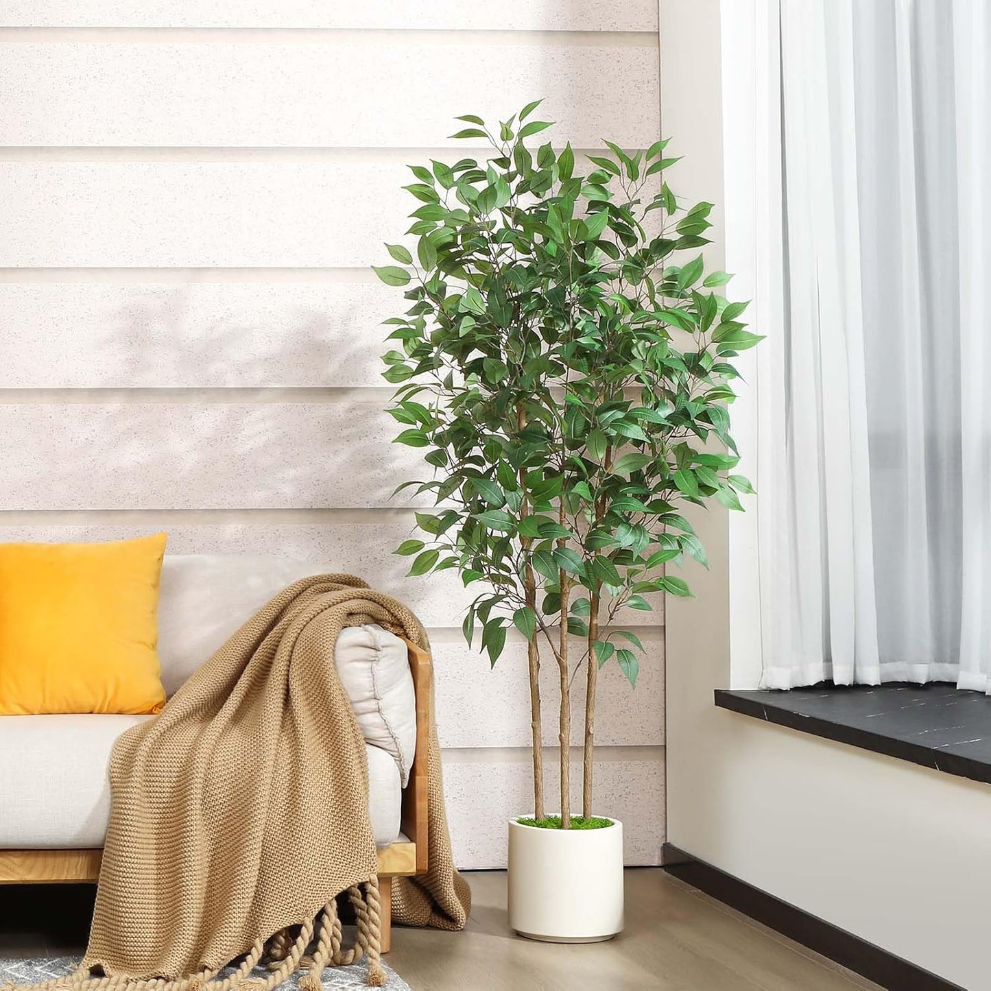 Ficus Artificial Tree 5ft Tall Fake Ficus Tree for Home Decor Indoor Faux Silk Ficus Plant Fake Floor Plant in White Imitation Ceramic Planter with Green Fake Moss, Set of 1