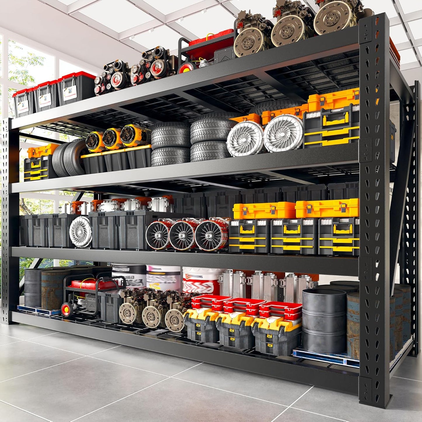 Bepatio 77" W Storage Shelves Heavy Duty Garage Shelving 8000LBS 4 Tier Metal Shelving Unit, Adjustable Shelves, Steel Industrial Shelving for Basement Warehouse Commercial,77" W*24" D*72”H,Black