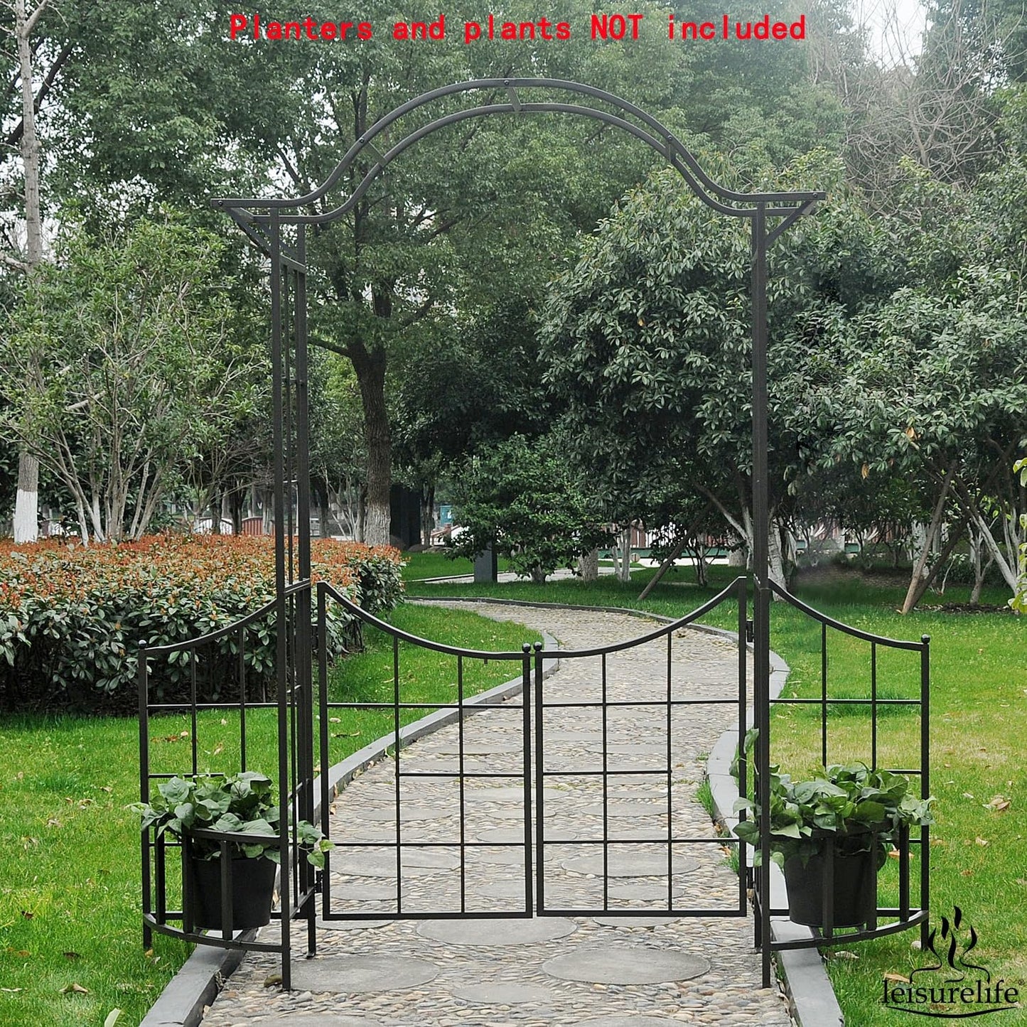 leisurelife Decorative Steel Garden Arch Arbor Trellis with Gate, Fence and Planter Holders for Climbing Plants, 7.5 Ft Height, Brownish Bronze