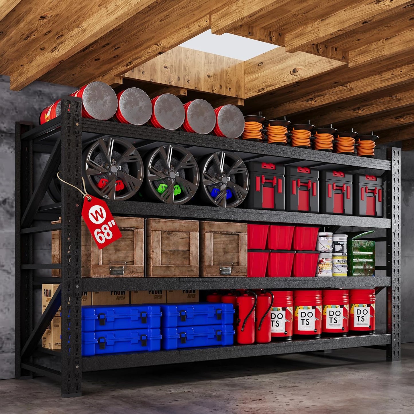 71” W Storage Shelves Heavy Duty, 5000LBS Metal Garage Shelving Units, 4 Tier Storage rack shelf, Steel Industrial Shelving , Adjustable Standing Shelf for Basement/Warehouse 71"W x 24"D x 70"H, Black