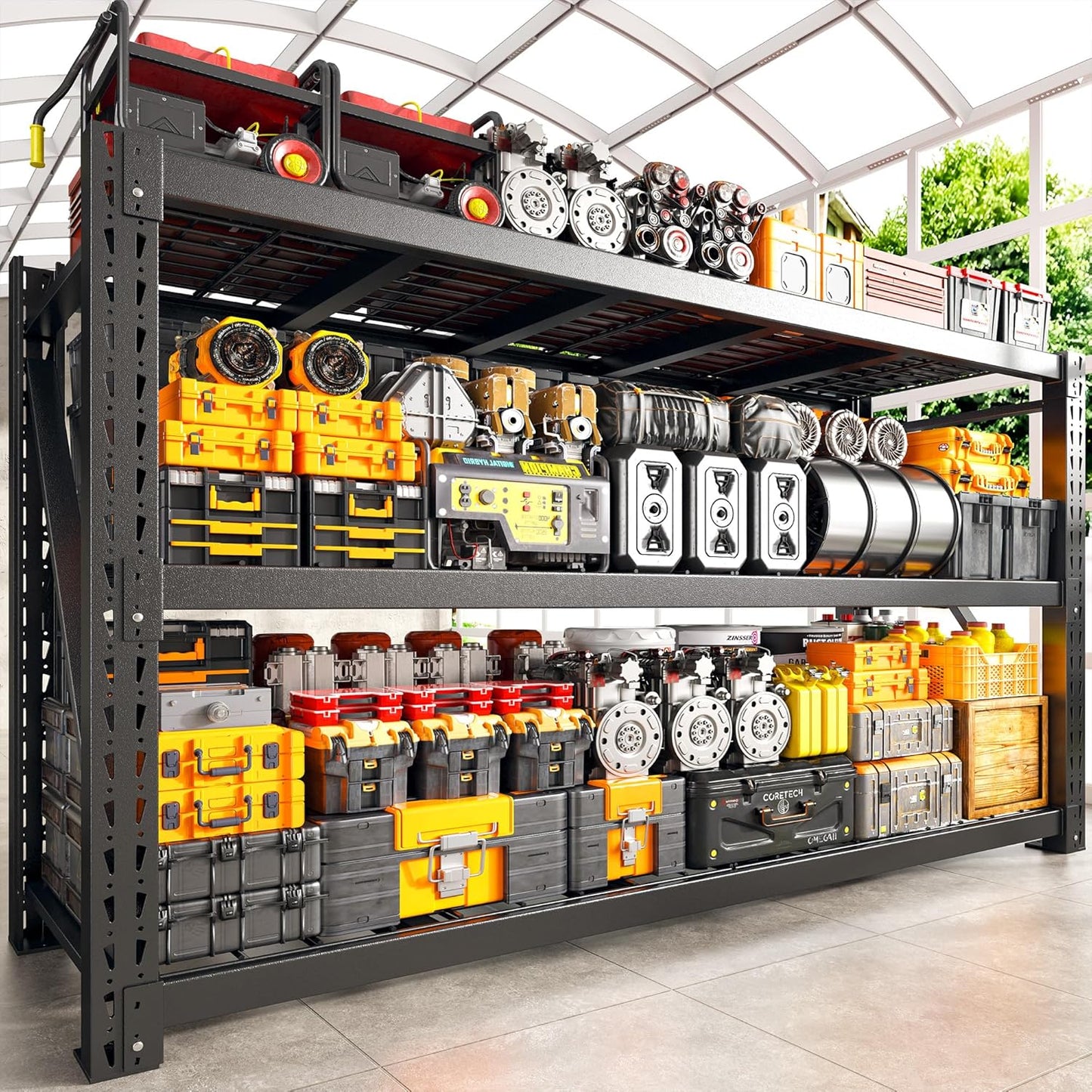 Bepatio 77" W Storage Shelves Heavy Duty Garage Shelving 8000LBS 4 Tier Metal Shelving Unit, Adjustable Shelves, Steel Industrial Shelving for Basement Warehouse Commercial,77" W*24" D*72”H,Black