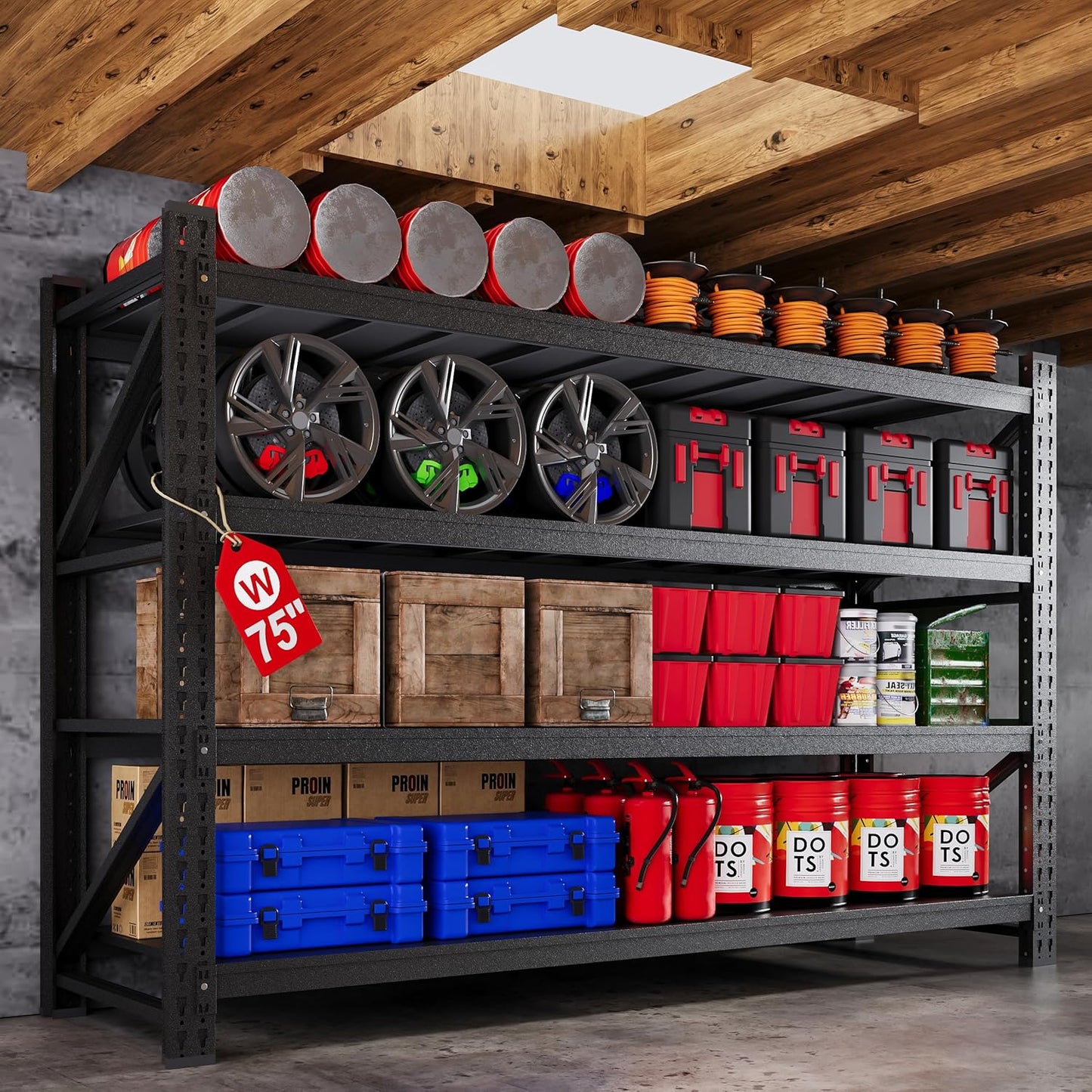 71” W Storage Shelves Heavy Duty, 5000LBS Metal Garage Shelving Units, 4 Tier Storage rack shelf, Steel Industrial Shelving , Adjustable Standing Shelf for Basement/Warehouse 71"W x 24"D x 70"H, Black