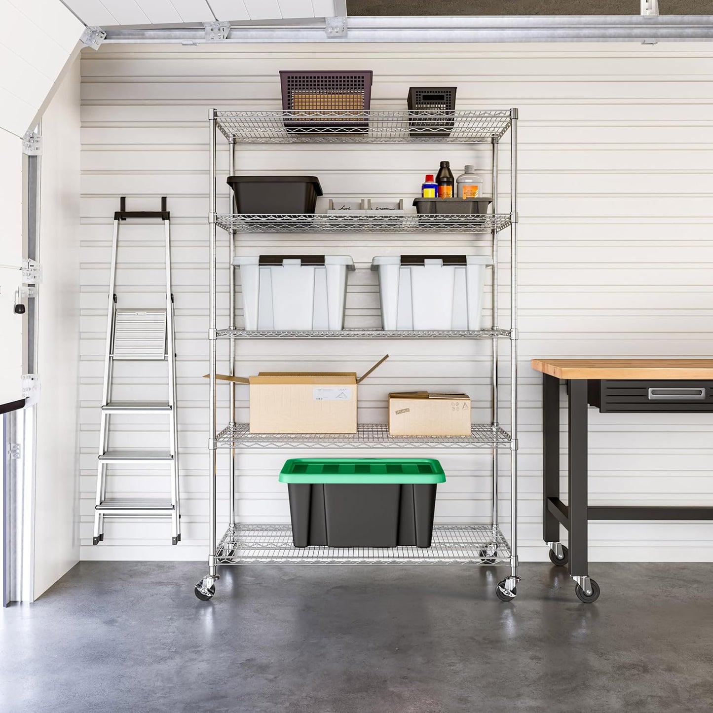 Seville Classics UltraDurable Heavy Duty NSF Solid Steel Wire Rack Storage Unit Organizer for Garage, Warehouse, Office, Restaurant, Classroom, Kitchen, 5-Tier Shelving, 48" W x 18" D