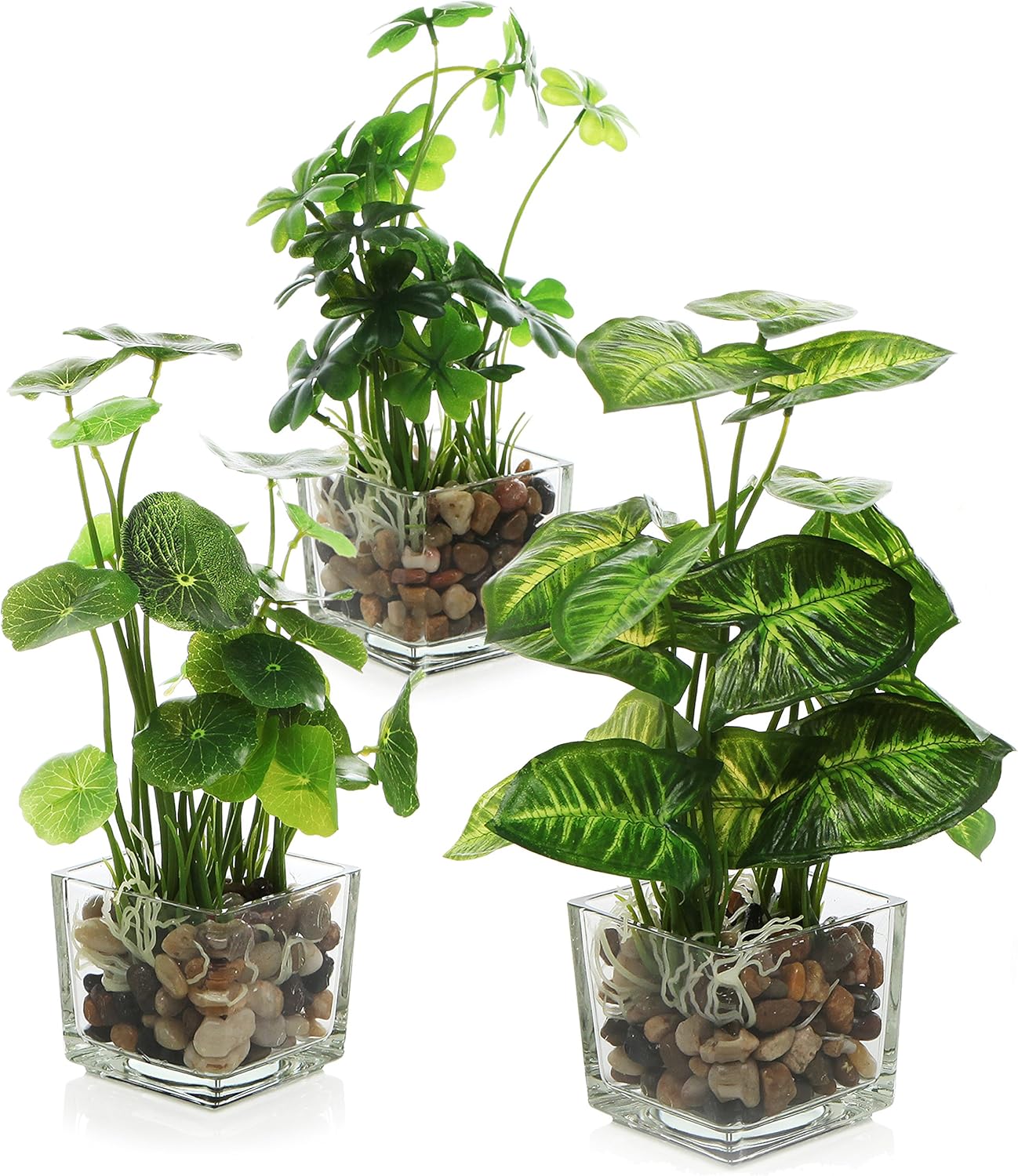 MyGift Set of 3 Fake Plants, Small Artificial Potted Plants Indoor in Clear Glass Pot, 9.5 Inch Faux Plant for Home Decor