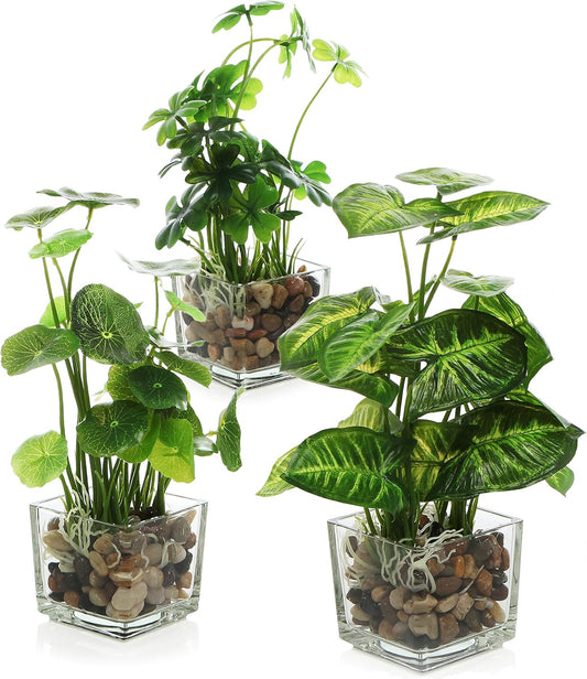MyGift Set of 3 Fake Plants, Small Artificial Potted Plants Indoor in Clear Glass Pot, 9.5 Inch Faux Plant for Home Decor
