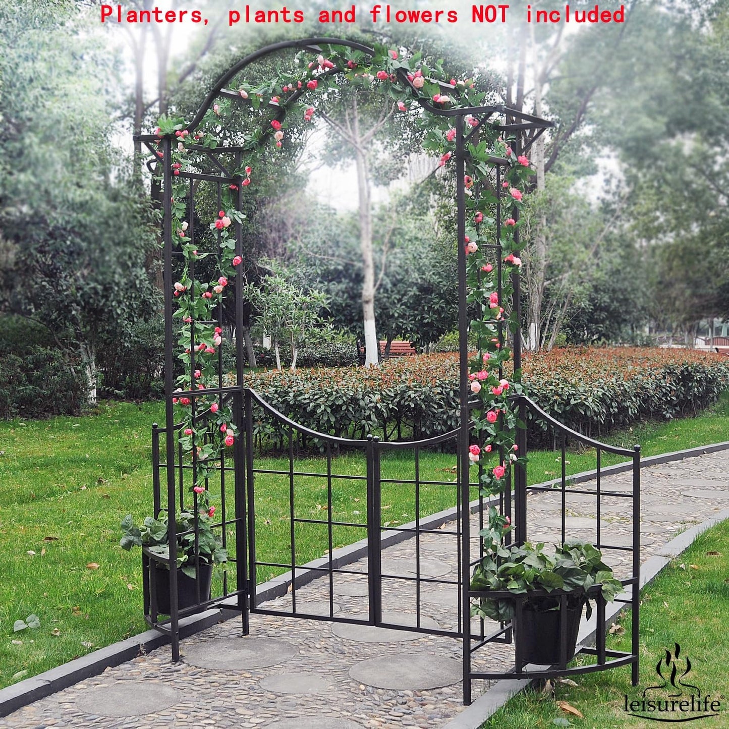 leisurelife Decorative Steel Garden Arch Arbor Trellis with Gate, Fence and Planter Holders for Climbing Plants, 7.5 Ft Height, Brownish Bronze