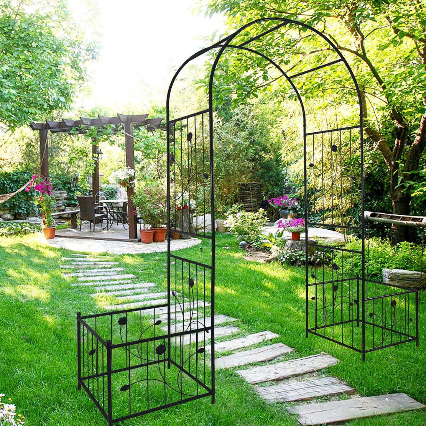 Dolonm Metal Garden Arch Iron Garden Arbors Gazebo Dia81.3'' x 114.2'' High Birdcage Shape Pergola Pavilion for Wedding Ceremony Outdoor Black