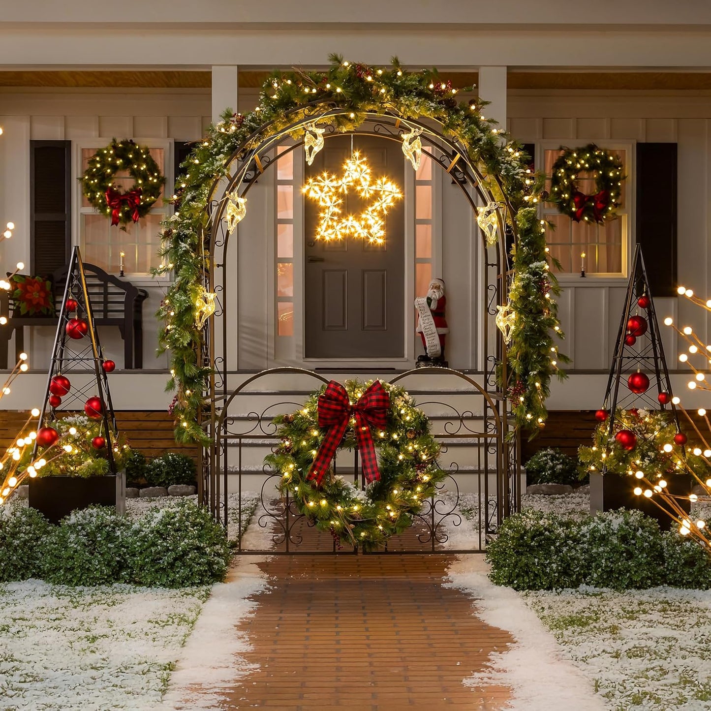 Plow & Hearth Arch Metal Outdoor Garden Arbor Double Gate | Montebello | 7 Feet Tall | Gunmetal Black | Trellis Lattice Climbing Plants