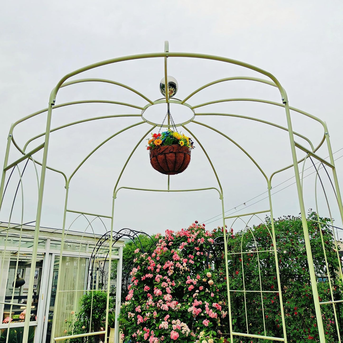 Metal Garden Arch Iron Garden Arbors Gazebo Dia 81.3'' x 114.2'' High Birdcage Shape Pergola Pavilion for Wedding Ceremony Cream White