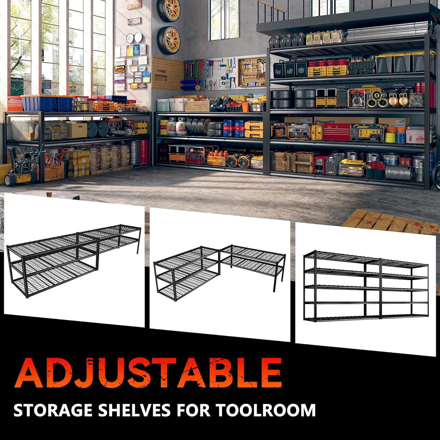 REIBII 60" W Garage Shelving Heavy Duty Metal Shelving 3000LBS Storage Shelves Adjustable Metal Shelves for Storage Industrial 5 Tier Garage Shelves for Warehouse Basement Pantry 60"W x 24"D x 72"H
