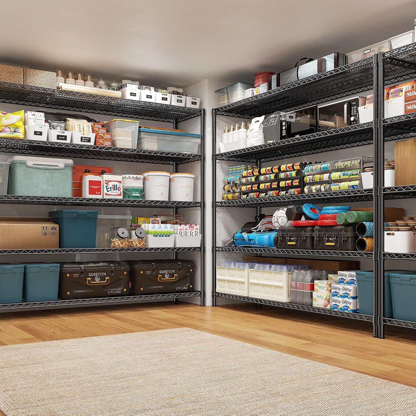 REIBII 85.7"H Storage Shelves 2998LBS Metal Shelving Units with Wheels&Feet, 5 Tier Garage Shelving Heavy Duty Adjustable Wire Shelf for Pantry Garage Commercial Industrials, 85.7"H X 55.5"W X 24.2"D