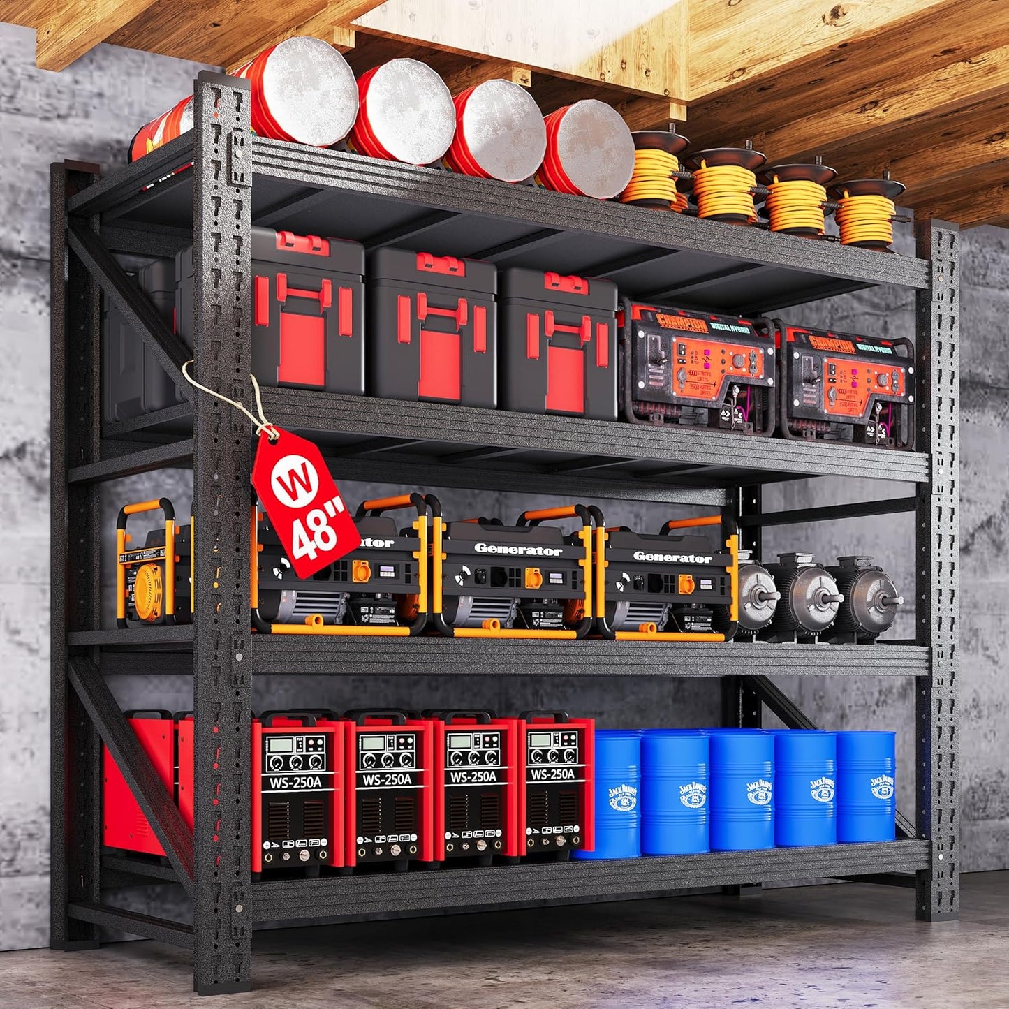 71” W Storage Shelves Heavy Duty, 5000LBS Metal Garage Shelving Units, 4 Tier Storage rack shelf, Steel Industrial Shelving , Adjustable Standing Shelf for Basement/Warehouse 71"W x 24"D x 70"H, Black